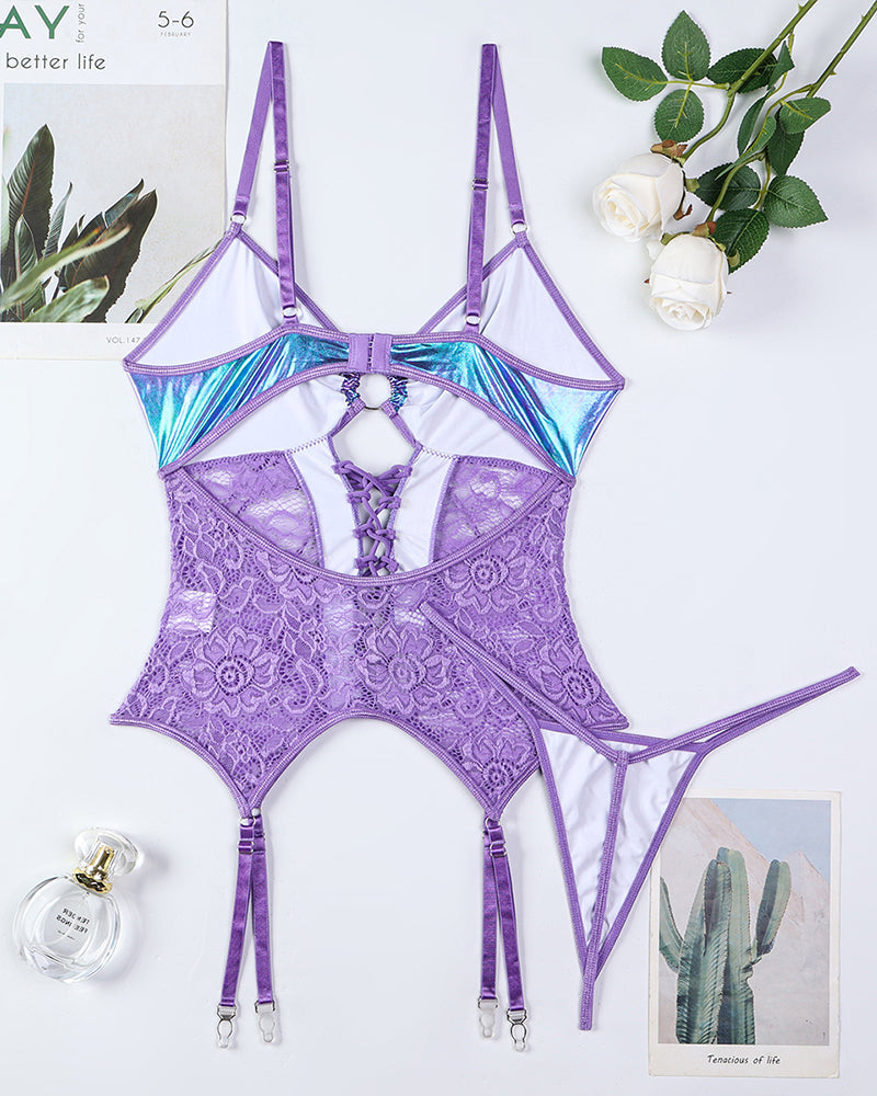 Flash Gradient Laser Cross Tie Waist Lingerie Sets