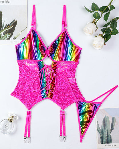 Flash Gradient Laser Cross Tie Waist Lingerie Sets