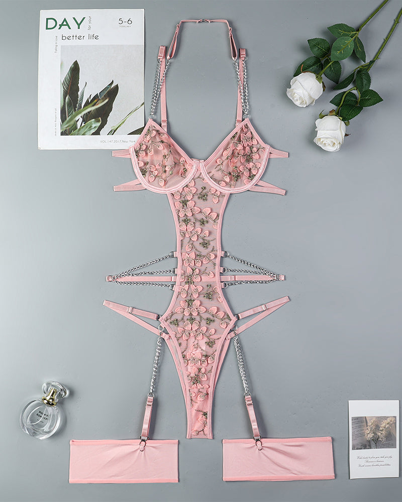 Lace Embroidered Chain Bodysuits