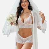3 Piece Lace Kimono Robe with Bra and Panty
