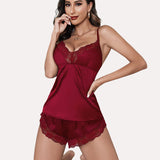 Satin Pajamas Set Lace Cami Shorts Set