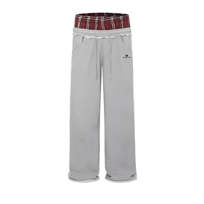 Orelia Double-Waist Plaid Patchwork Pants