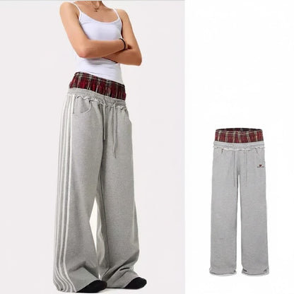 Orelia Double-Waist Plaid Patchwork Pants