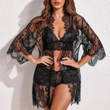LaceMuse™ 3-Piece Lingerie Set with Sheer Lace Robe